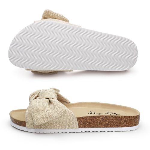 Image of PepStep Slide Sandals for Women or Ladies Dressy Summer Casual, Cute Bow Tie Knot On Top Strap, Comfy Slip On Cork Foot Bed