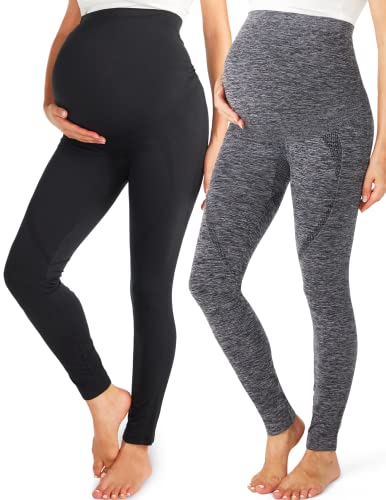 Image of Momcozy Women's Maternity Leggings Seamless Over The Belly Pregnancy Leggings for Women Workout Yoga Active Pants 2pcs,Black Grey