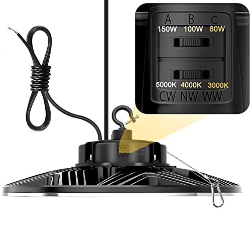 ORRGENA UFO LED High Bay Light, 150W/100W/80W Adjustable, 3000K/4000K/5000K Adjustable, UL & DLC Listed 21000LM 0-10V Dimmable IP65 Waterproof High Bay Lights AC100-277V for Warehouse Factory