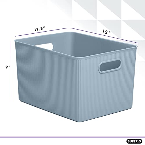 Superio Ribbed Collection - Decorative Plastic Lidded Home Storage Bins Organizer Baskets, X-Large Blue (2 Pack - 22 Liter) Stackable Container Box, For Organizing Closet Shelves Drawer Shelf #TOP1