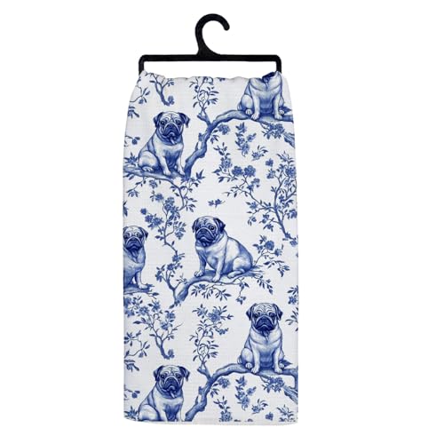 Koesus Blue and White Chinoiserie Pug Kitchen Towels Pug Tea Towels Pug Dog Gifts Dish Tea Towel for Kitchen Decor Grand Millenial Dog Bathroom Decor 16x24 Inch