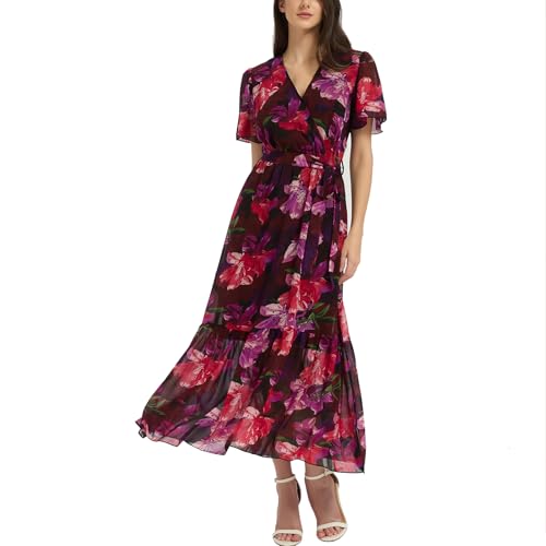 Image of Women's Summer Bohemian Floral Chiffon Dress Cap Sleeve V Neck Ruffle Long Flowy Boho Casual Vacation Dresses