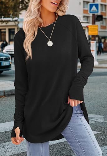Womens Tunic Tops to Wear with Leggings Long Sleeve Thumb Hole Shirts Crew Neck Curved Hem3
