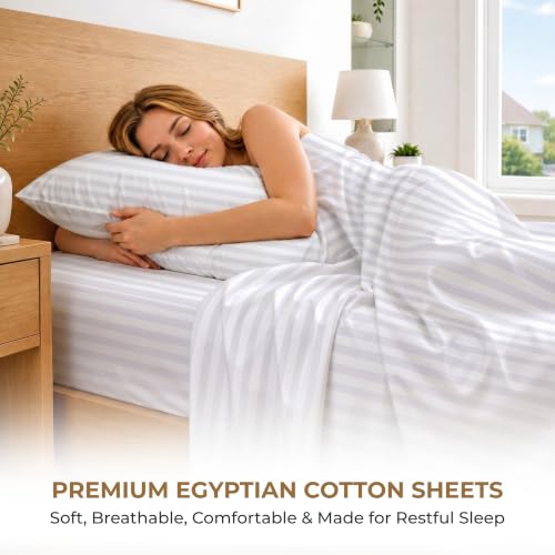 Image of SGI bedding 100% Egyptian Cotton Sheets King Size - 600 Thread Count Sheets Set, Soft, Cooling, 15 inch Deep Pocket, Luxury Hotel Bedding, Breathable, Durable - White Stripe
