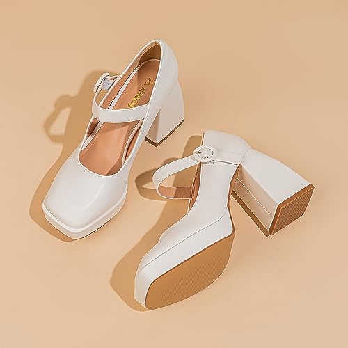 Amoji Women's 4 Inch Platform Mary Janes Shoes High Chunky Heels Bridal Dress Wedding Party Pump Shoes 3064