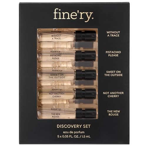 Image of Fine'ry Discovery Gift Set - 5pc Mini Eau De Parfum Travel Perfume Samples ft. Pistachio Gelato, Vanilla, Cherry Almond, Amber, The New Rouge, Without a Trace - Gourmand, Saffron (5 x 1.5mL)