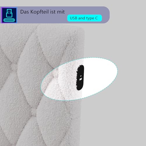 Tagesbett 140x200 mit LED und USB, Polsterbett mit Lattenrost, Schlafsofa 140x200, Jugendbett Einzelbett, Teddy Velvet, Ohne Matratze (Beige) – Bild 8