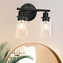 2-light Black Bathroom Vanity Light Over Mirror Sink Black Wall Light | Modern Black Wall Sconce with 2 Light Design, Clear Glass Shade,2-bulb Black Wall Mount Light for Kitchen Sink Powder Room
