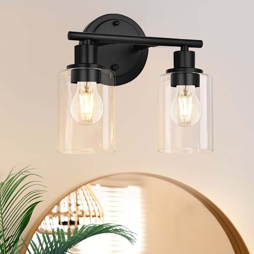 Image of 2-Light Bathroom Vanity Light Fixture Black Two Bulb Vanity Bathroom Lights Over Mirror, 2-Light Black Wall Sconce Over Sink