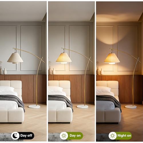 Image of Lightdot Arc Floor Lamp for Living Room, Modern Standing Tall Lamps with Double Linen Lampshade, Tall Hanging Pole Lamp with Bulb Included for Bedroom Sofa Beside /Corner Decor - Gold