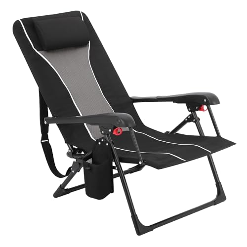 Folding Chaise Lounge Chair for Outdoor – Portable Backpack Reclining Camping Chair with Adjustable Backrest, Pillow & Breathable Fabric, Heavy-Duty 330lbs Capacity, Sun Lounger for Beach Patio Garden