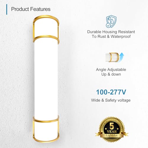 Image of Lightdot LED 25 Inch Flush Mount Vanity Lighting Fixture, 20W 2125LM 4000K 100-277V | Farmhouse Bathroom Light Bar, Waterproof Linear Wall Light Bar Over Mirror, Long Tube Bath Sconce-Gold