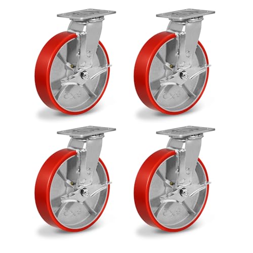 8"X 2" Heavy Duty Casters, Swivel Polyurethane Casters Set of 4 No Noise Plate Industrial Caster Wheels, Load Capacity 6000lbs (4 Pack Brakes)