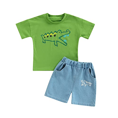 Toddler Kids Baby Boys Summer Clothes Short Sleeve Cartoon Crocodile T-shirt Top Denim Shorts Pants 2Pcs Outfits Set (Denim-Green, 5-6 Years)