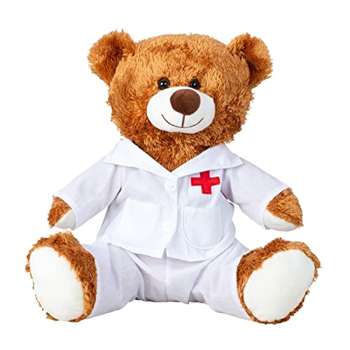 Geschenkestadl Ours en peluche Doctor 33 cm Marron Blouse de médecin Hôpital Bon Rétablissement Doudou Ours en peluche