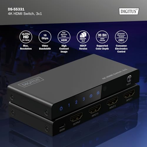 DIGITUS DS 55331 Commutateur HDMI 3x1 3 in 1 Out UHD 4K60 Hz HDTV : 3840 x HDCP 2.2 & HDMI 2.0 HDR CEC Deep Color DTS Dolby Digital LPCM pour TV Moniteur PS5 PS4 Xbox - vue 7