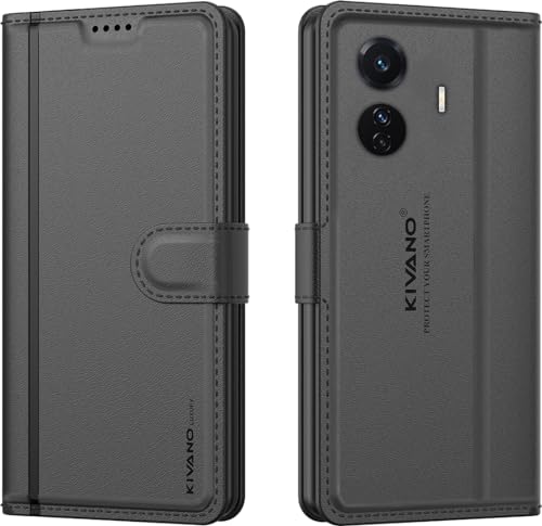 Image of KIVANO LUXE Compatible for Vivo T1 Pro 5G / iQOO Z6 Pro 5G Luxury Handmade Leather Magnetic Flip Folio Case | Card Holder & Kickstand | Slim Protective Cover | Unisex - Black