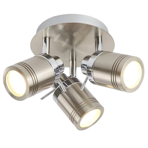 Britalia Satin Silver Chrome Bathroom 3 Lamp Adjustable Round Plate Ceiling Spot Light | 28cm Diameter | IP44 Rating | Cylindrical Heads | 3 x GU10 Lamps Required | 240V UK | Stainless Steel
