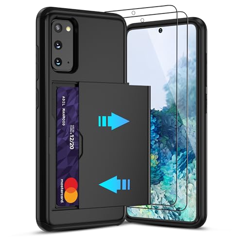 Pilaru Sliding Card Holder Case for Samsung S20 | Hidden Slot Cards | 2 screen protectors | Shockproof & Anti-Slip Protective Wallet Cover | Durable Dual-Layer Design for Galaxy S20 Black