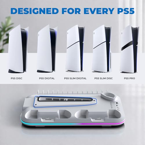 Image of EvoFox Frostdock 5 PS5 Cooling Dock with Dual Controller Charging Station, 3 Speed Fan up to 3900 RPM, 14 Disc Storage, 19 Mode RGB Lighting, USB Port, Vertical Stand for PS5 Digital Disc Slim & Pro