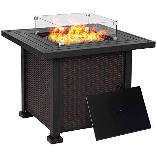 Outsunny 34 Inch Outdoor Propane Gas Fire Pit Table, 50,000 Btu Auto-Ignition Square Wicker-Effect Gas Firepit With Glass Wind Guard, Lid, Lava Rocks, Steel Base, Csa Certification, Black #TOP9
