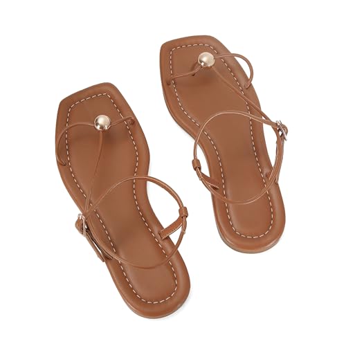 Image of Strappy Flat Sandals for Women Comfortable Open Square Toe Slingback Sandals Dressy Beach Thong Flip Flop Slides Sandals