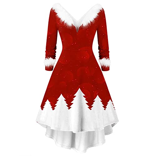 Samt Kleid Weihnachten Damen Weihnachtsmann Kostüm, Weihnachtskleid Rot Langarm - Weihnachts Kleider Samtkleid mit Weihnachtsbaum V Ausschnitt...