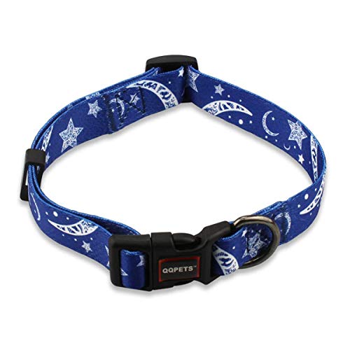 QQPETS Dog Collar Personalized Adjustable Basic Soft Comfortable Pattern Collars for Puppy Small Medium Large Dogs or Cats Outdoor Training Walking Running (M, Blue Starry Sky)