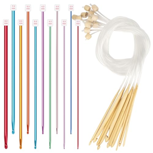 Reessy Tunisian Crochet Hooks Set 11PCS Aluminium Tunisian Crochet Hook 2.0-8.0mm and 12 PCS Bamboo Tunisian Crochet Hooks with Cable 3.0-10.0mm Afghan Tunisian Crochet Hook for Knitting Blanket