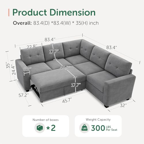 Image of HONBAY 5-Seater U-Shaped Sectional Sleeper Sofa with Pull-Out Bed, Pet-Resistant Fabric Sectional Couch for Living Room, Grey