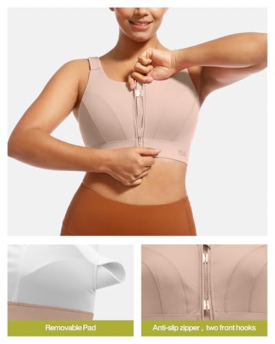 Image of High Impact Sports Bras for Women Adjustable Zip Front Full Coverage and Lift Padded Compression Bra (XX-Large, Taupe New)