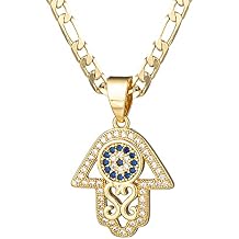 kelistom 14K Gold Plated Hamsa Hand Pendant Necklace for Women Men 3MM Flat Figaro Chain Necklace