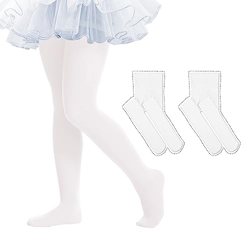 Ultra Soft Ballet Tights 2-Pack Elastic Breathable Opaque Footed Tights for Toddler Stockings Thick Kids Durable Pantyhose Leggings 9-11 Years White