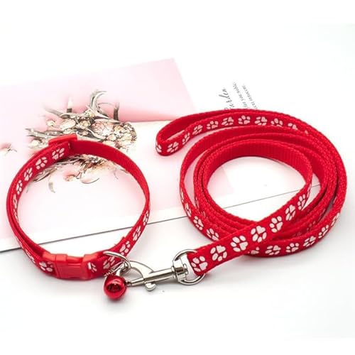 Image of YellowCult Dog /Cat Collar Leash Set with Adjustable Soft Nylon Paw Print Pet Collar for Cats, Puppies, Small Dogs, Fat Rabbits Walking Training, Bell & Quick Release Buckle Safety Lock -[Red]