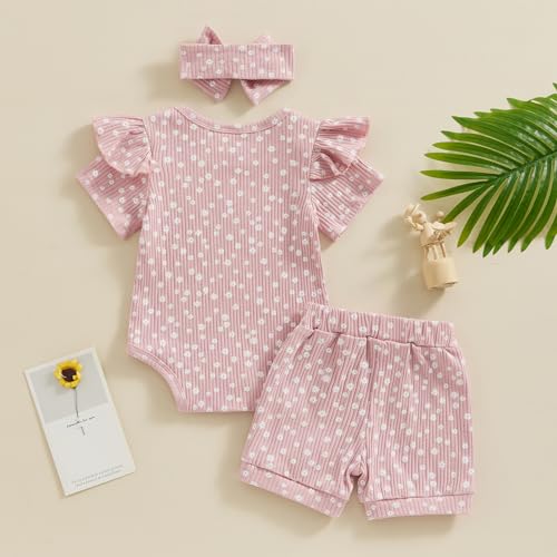 Newborn Baby Girl Clothes Summer Knit Ribbed Floral Print Short Sleeve Romper Shorts Headband Outfit Set3