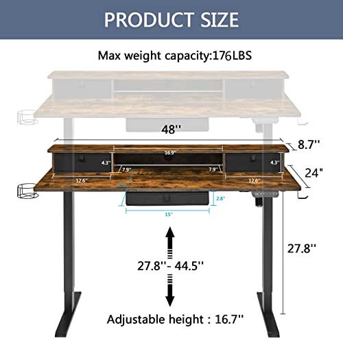 Lagrima Standing Desk With 3 Drawers, Adjustable Height Electric Sit Stand Desk，48 X 24 Inches Stand Up Desk Home Office Desk With 4 Memory Presets, Workstation(Vintage Brown), Desk7040 #TOP5