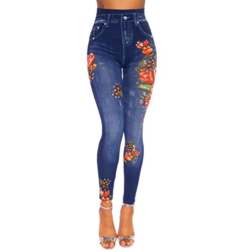 8019 - Legging en jean pour femme avec strass et fleur rose - Legging jean imprimé - Taille haute, 36 FR/40 FR Cover