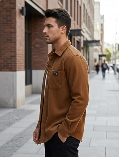 Image of IndoPrimo Men's Corduroy Shirt | Premium Ribbed Full Sleeve Casual Overshirt | Button-Down Solid Shirt with Chest Pocket | Regular Fit