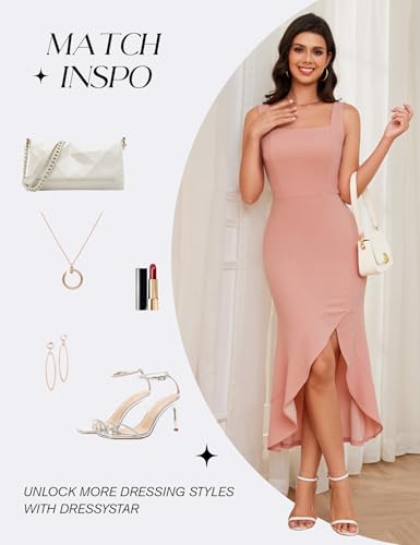 Image of Dressystar 2026 Women's Square Neck Bodycon Sleeveless Cocktail Dresses | wedding guest dresses for women, midi length, formal party dress, soft breathable stretchy material, slit ruffle hem design