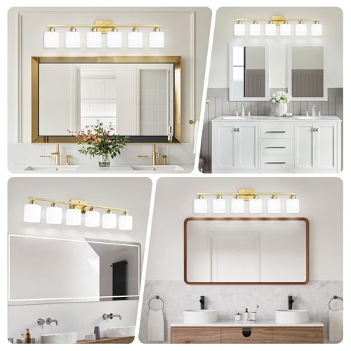 Image of 6 Light Gold Bathroom Vanity Light for Large Mirror, Gold Vanity Lights for Bathroom with Milky White Frosted Glass Shades, 38 inch Wall Lamp for Mirrors Living Room E26 Base