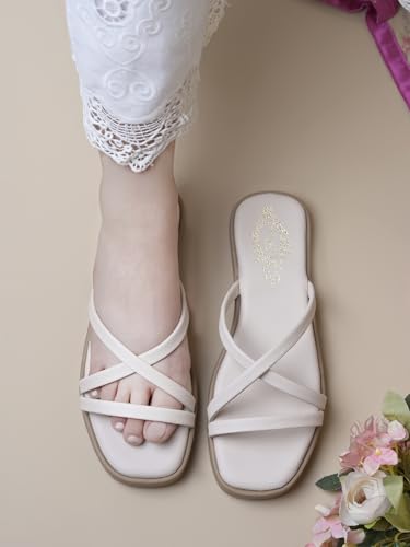 Image of Shoetopia Women's Flat Slide Sandals | Cushioned Comfort Cross Strap Slip-On Casual Slippers | Lightweight Everyday Fashion Footwear