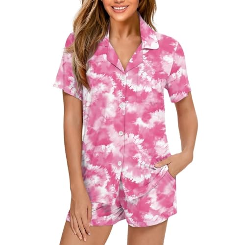 Bloomprint Pink Tie Dye Women's Pajama Set Casual Summer Short Sleeve Tops Shorts Fashion Button Down Sleepwear With Pockets