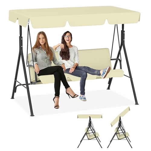 ACXIN hollywoodgunga med justerbart soltak, 193 x 110 x 152 cm trädgårdssvamp 3-sitsig, trädgårdsfåtölj väderbeständig, gungbänk för trädgård och terrass, kan belastas upp till 200 kg, beige