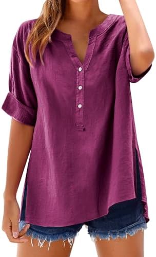 Linen Tops for Women Summer Work Shirts Trendy Button Down Plus Size V Neck Boho Clothes Spring Tops for Women 2025