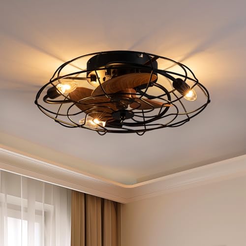Caged Ceiling Fan with Light 181 Black Ceiling Fans with Lights 6 Wind Speeds Small Farmhouse Enclosed Flush Mount Ceiling Fan with Lights for Bedroom Living Room Kitchen Dinning Room