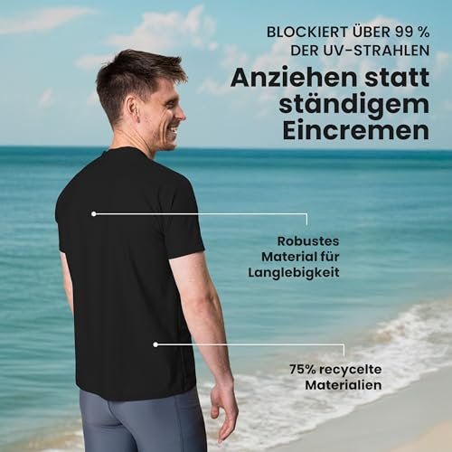 iQ-UV Shirt für Herren mit UPF 50+ Schutz Schwarz XL - Loose Fit Kurzarm Schwimmshirt für Herren mit UV-Schutz - Schnelltrocknendes Surf- & Badeshirt UV für Männer - TÜV & Oeko-TEX 100 geprüft