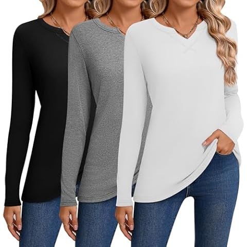 Neer 3 Pack Notched V Neck Top for Women Long Sleeve Dressy Casual Loose Basic T Shirt Fall Winter 2025 Trendy Tunic Blouse(Black, Gray, White,M) Cover