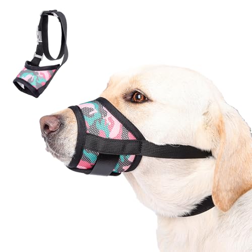 DoggieKit Dog Muzzle with Escape-Proof Elastic Neck Collar, Soft Breathable Air Mesh Mouth Cover Stops Biting Barking Chewing Allows Drinking Panting, Adjustable Muzzle for Small Medium Large Dogs