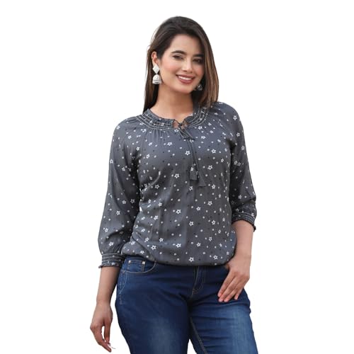 Image of Himanshi Enterprises Women's Traditional 3 /4 Sleeves Mandarin Nack Rayon Floral Printed Short Kurti