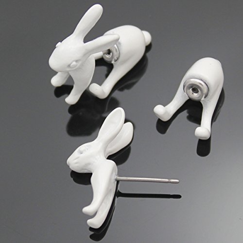 Rechicgu White 1Pair 3D March Hare Rabbit Fairytale Wonderland Earrings Fake Ear Taper Plug Studs #TOP4